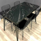 Dining table set with black marble top and matching chairs on a wooden floor.